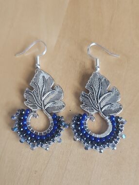 Silver Leaf Drop Earrings with Blue Crystal Accents Hand made Handmade boho